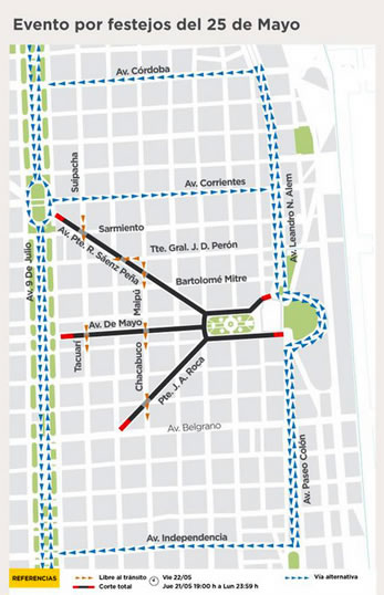 Mapa con cortes de calles