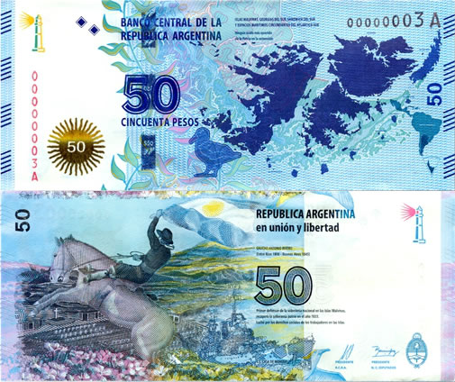 Billete de 50 pesos con las Islas Malvinas