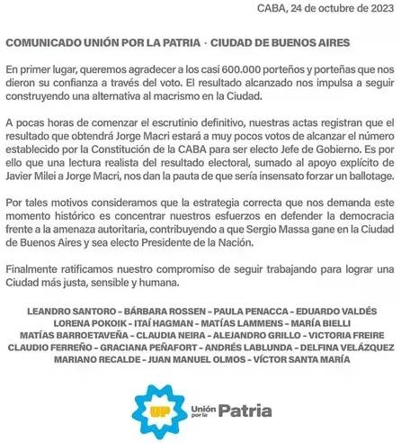 Comunicado de Unión por la Patria