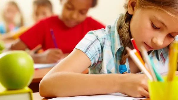 Estudiantes en los escritorios de su escuela