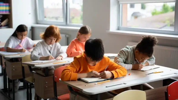 Estudiantes sentados en sus escritorios