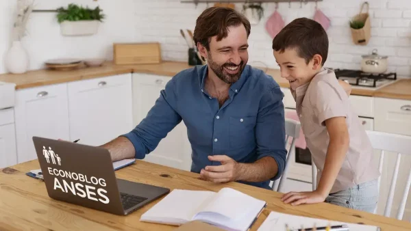 Titular del SUAF con su hijo en una computadora de Anses