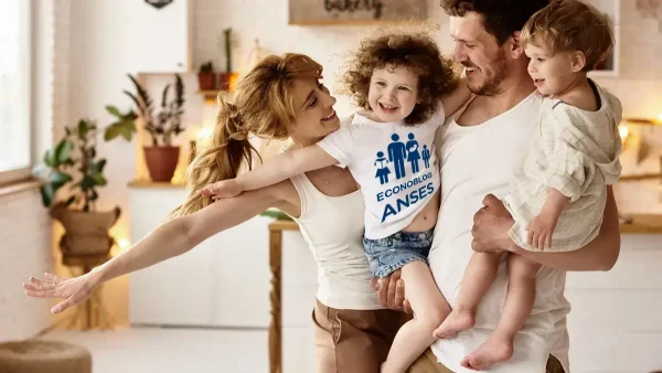 Familia con remera de la AUH de Anses