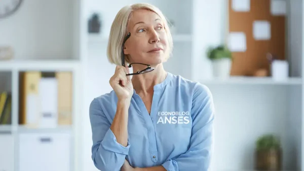 Jubilada pensando con camisa de Anses