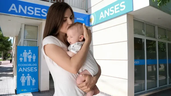 Madre con su bebé en Anses con cartel de AUH y SUAF
