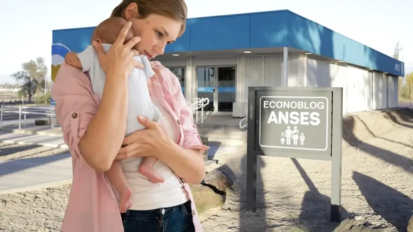 Mamá con su bebé en Anses junto a cartel de AUH