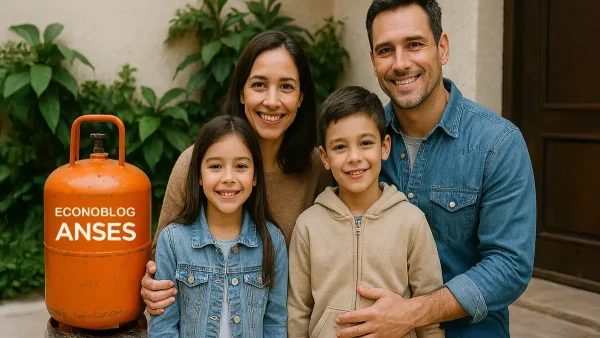 Familia con una garrafa del Plan Hogar de Anses