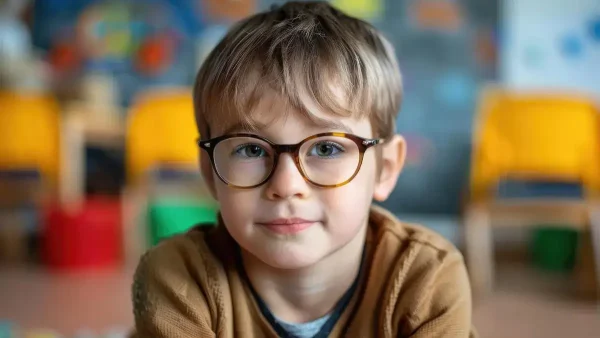 Niño con lentes en la escuela