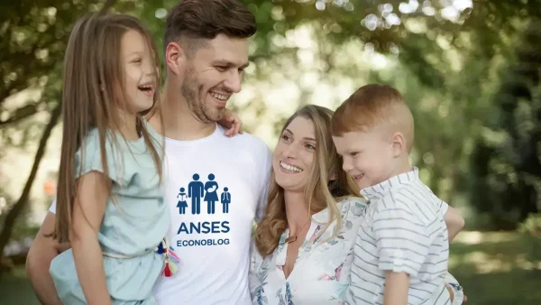 Familia de la AUH con remera de Anses