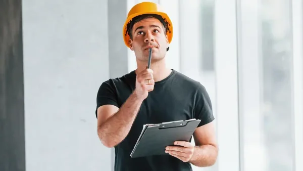 Trabajador con casco pensando