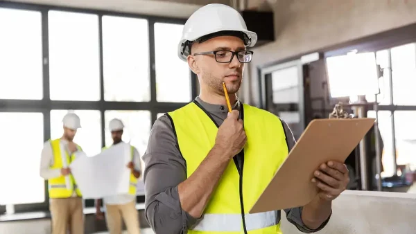 Trabajador pensando con una planilla