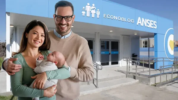 Familia con su bebé en Anses con cartel de AUH