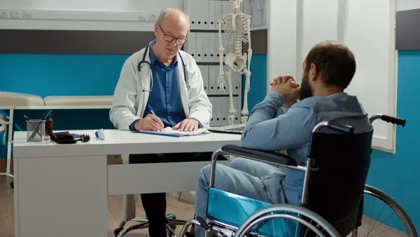 Médico atendiendo a persona con discapacidad