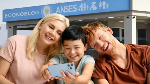 Familia con celular frente a cartel de Anses para AUH y SUAF