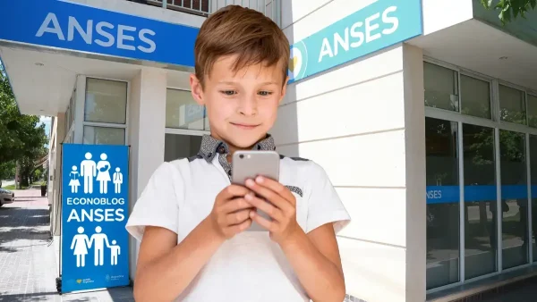 Chico con celular frente a cartel de Anses para AUH y SUAF