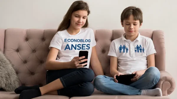 Niños con ropa de Anses para AUH y SUAF con celular