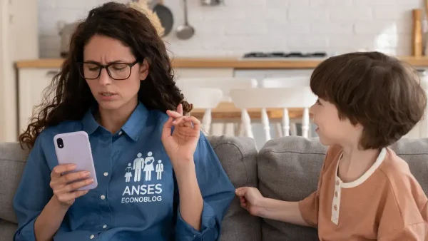 Madre de la AUH con camisa de Anses pensando