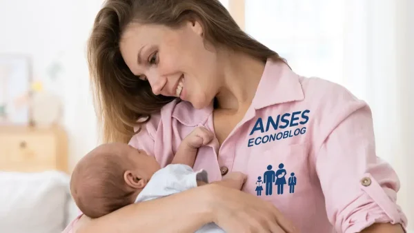 Madre de la AUH con su bebé y remera de Anses
