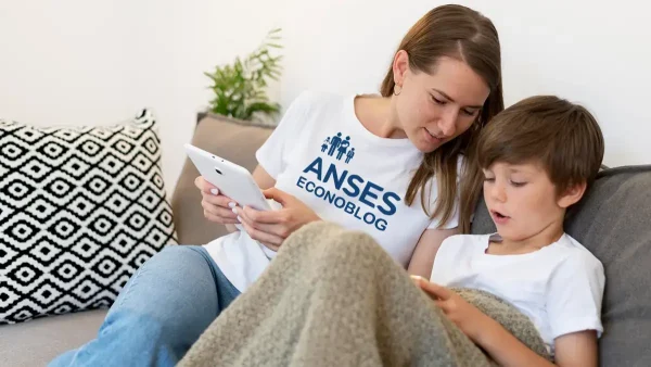 Madre de la AUH con una tablet y remera de Anses